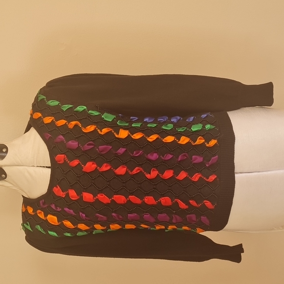 Rainbow black beaded and ribbons sweater vintage size Small - Picture 4 of 7